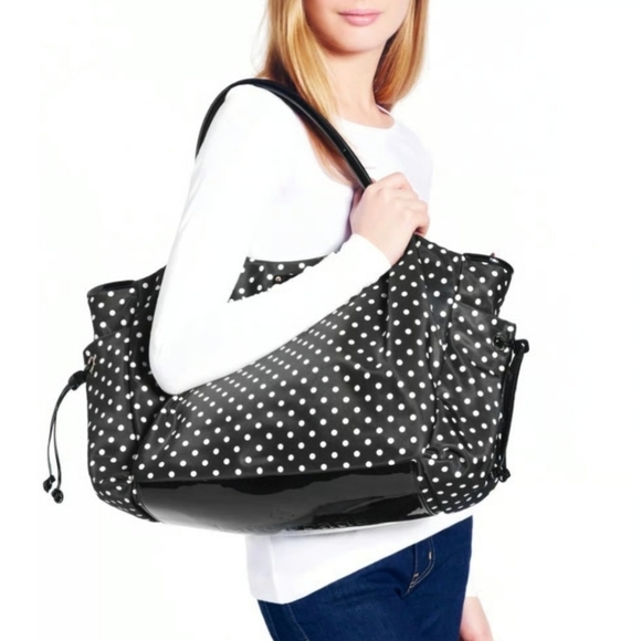 Kate Spade Stevie Baby Bag Large Black & White Polka Dot Nylon Diaper Bag Purse - Picture 1 of 14